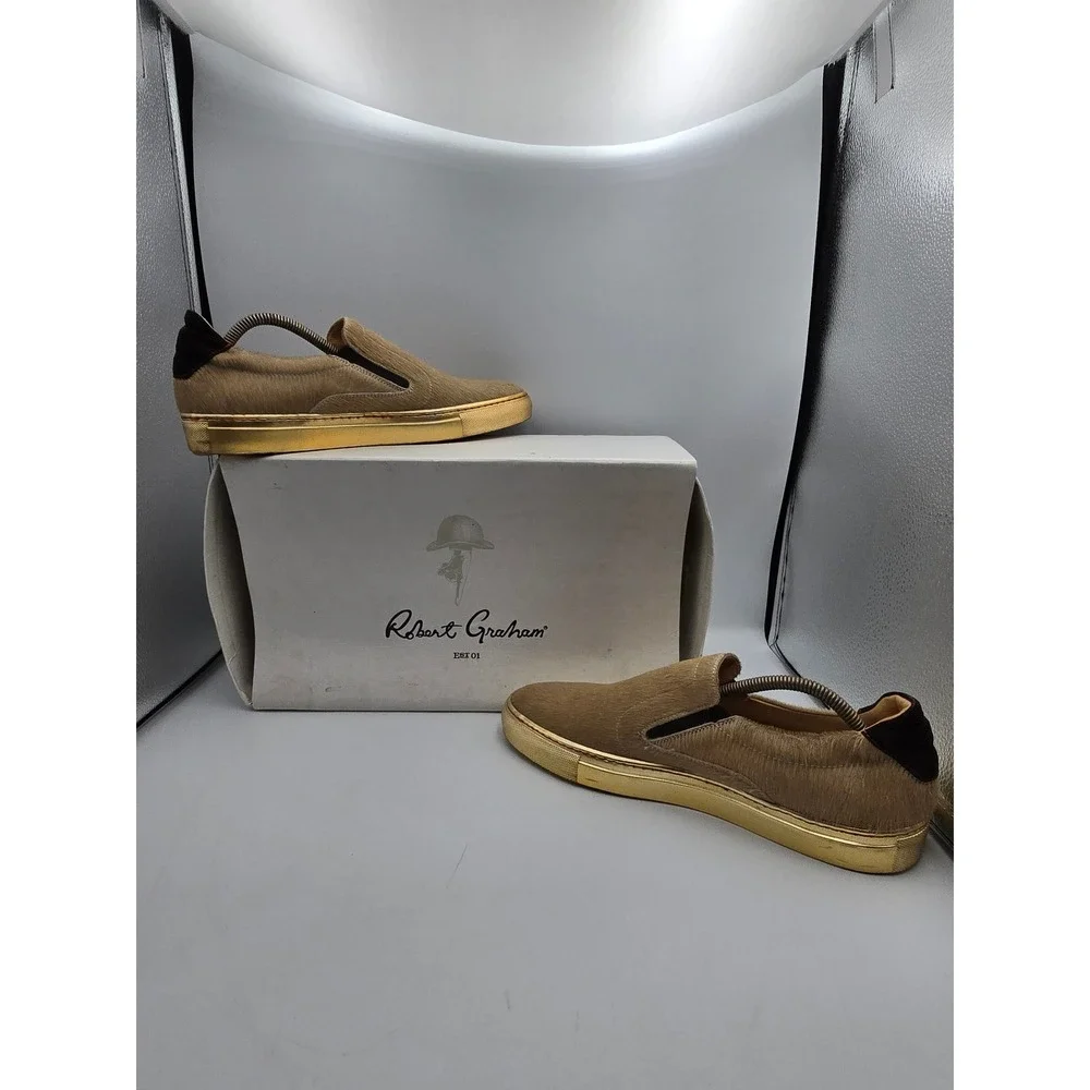 Robert Graham Rolo Slip On Mens 8.5 Tan Calf Hair Gold Good Italian Sneaker‎